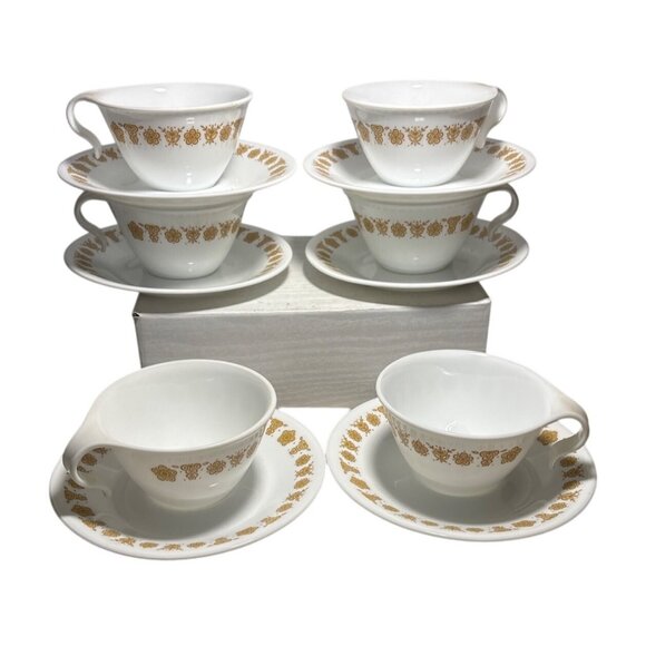 Corelle Butterfly Gold Tea Cups With Hook Handles and Saucers Set of 6 Vintage - Picture 1 of 1